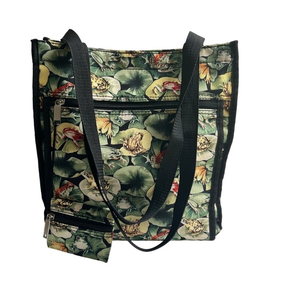 Canvas Shoulder / Tote Bag with Matching Change Purse FROGS! - Picture 2 of 16